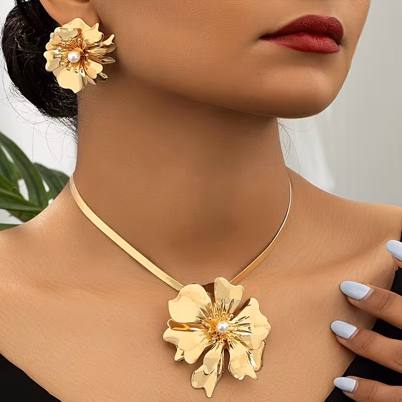 Floral Snake Bone Chain Necklace Earring Set,